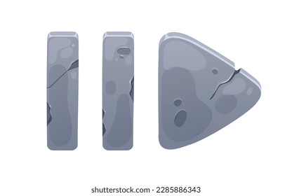 Stone buttons design for game. Metal plates, plaque arrow for play key and pause. Iron panels for gui navigation, ui elements. Flat cartoon vector illustration isolated on white background