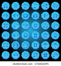 Stone buttons icons set for game interfaces blue light.