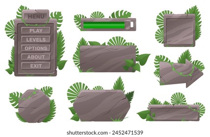 Stone buttons with plants. GUI rocky texture plaques. Arrows and panels covered with green vines. Jungle location. Boards with fissures. Palm leaves. Ancient UI elements