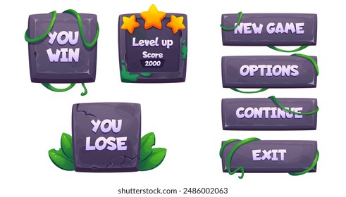 Stone buttons set for game ui design. Vector cartoon illustration of rock boards with cracks, green lianas and moss, square and rectangle borders, lose and win plates, level plaque with score stars