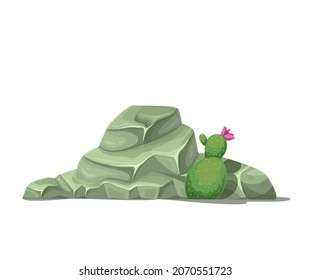Stone with cactus, boulders vector illustration.
