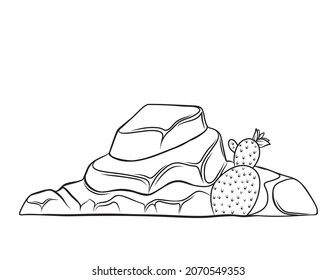 Stone with cactus, drawn monochrome boulders, outline vector illustration.