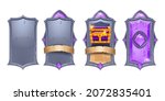 Stone card game design set, vector magic RPG UI frame kit, rock deck item, gemstone parchment ribbon. Ancient fantasy menu board, medieval equipment artefact panel. Game achievement card collection