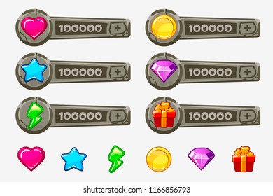 Stone cartoon game assets set. Vector GUI elements and icons. Addition panels for game design