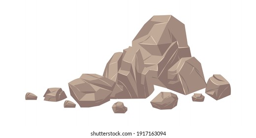 Stone. Cartoon heap of heavy cobbles. Solid natural building material or mountain landscape element. Pile from large and small rough boulders. Isolated part of cracked rock, vector uneven stony shape