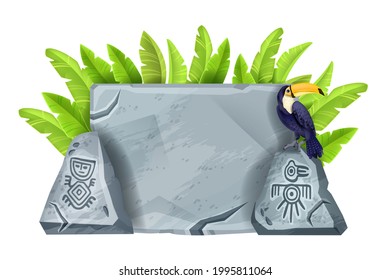 Stone cartoon vector sign board illustration, ancient Maya gray rock, toucan, banana leaf isolated on white. Aztec tribal boulder, ancient civilization symbol, cracked panel. Stone sign tablet clipart