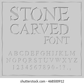 Stone Carved font. Alphabet on rock plate. Chips and scratches. Ancient ABC. Archaic letters
