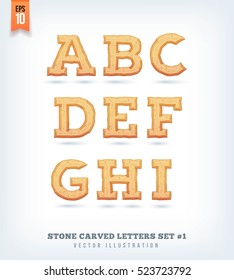 Stone carved letters, numbers and typeface symbols. Vector illustration.