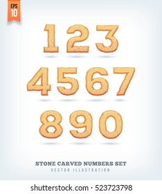 Stone carved letters, numbers and typeface symbols. Vector illustration.