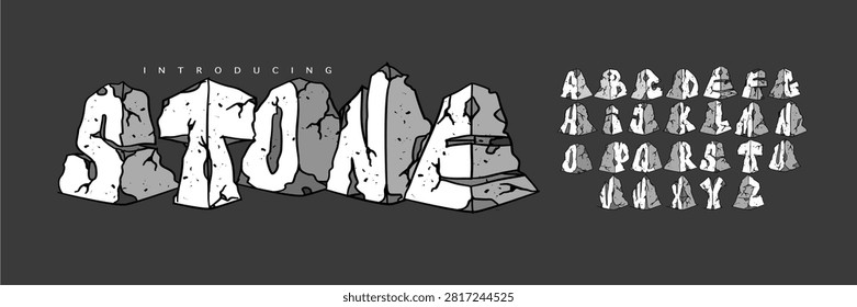 Stone: A carved rock statue font. Ancient 3D engraved monument display typeface with cracks for adventure nature design.