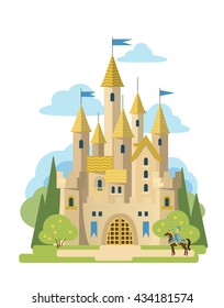 Stone castle among the trees. A knight in blue and gold in the foreground. Vector flat illustration.