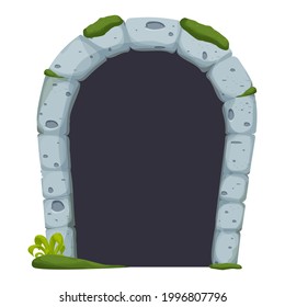 Stone castle arch door, ruined with moss, grass comic in cartoon style isolated on white background. Decoration with bricks, medieval dark entrance. Ui asset. Vector illustration