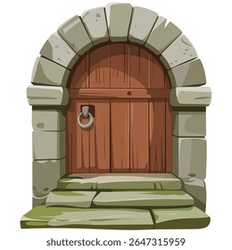 Stone castle archway with wooden door entrance