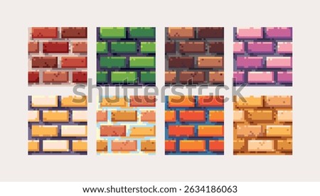 Stone castle bricks pixel art square blocks. Brickwork wall 8 bit platform tiles. Game development, mobile app template. Texture grid vector illustration.