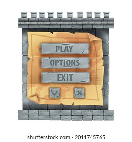 Stone castle game interface menu sign board, cracked rock button, gray brick wall panel isolated on white. Old parchment paper sheet, UI screen design element. Stone interface rectangle tile