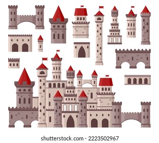 Stone castle or palace elements vector illustrations set. Cartoon drawings of walls, towers of fortress with flags, archways on white background. Architecture, construction, fantasy, history concept