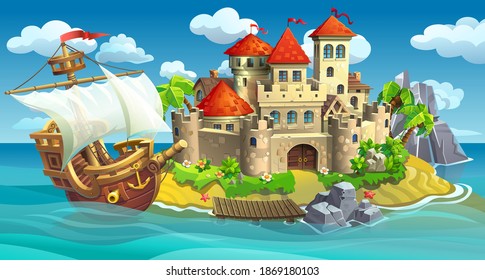 A stone castle with red roofs stands on a tropical island. A wooden ship with sails stands near the pier.