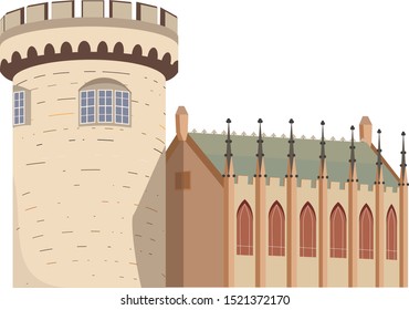 Stone castle with sharp-edges roof