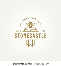 Stone Castle Simple Line Art Logo Icon Template Vector Illustration Design. Medieval Castle Above The Stone With Flag Symbol