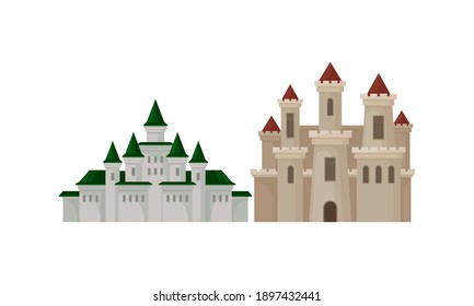 Stone Castle with Tall Towers and Walls as Fortified Middle Age Stone Structure Vector Set