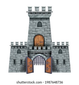 Stone castle tower, vector medieval city entrance, open old wooden door, ancient grate, arch facade. Gray fortress game illustration isolated on white, brick historical building. Castle citadel tower 