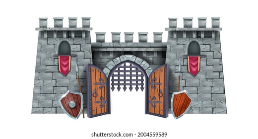 Stone castle tower, vector medieval city gate illustration, iron grate, wooden shield, spear. Brick ancient fortress, fantasy arch entrance, RPG history building. Game stone castle clipart on white