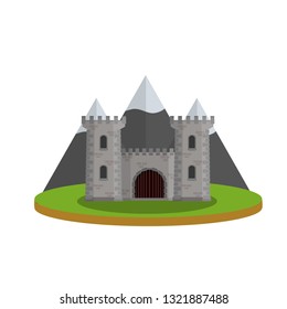 Stone castle with tower, wall and gate.  Medieval military house. European architecture. Old fortress. The reliability and safety of a knight and a king. Cartoon flat illustration
