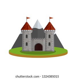 Stone castle with tower, wall and gate. red roof with flag. Medieval military house. European architecture. Old fortress. The reliability and safety of a knight and a king. Cartoon flat illustration