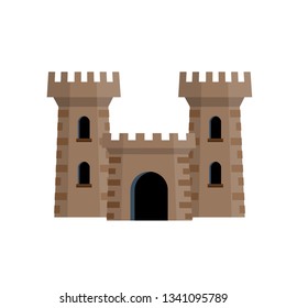 Stone castle with tower, wall and gate. Medieval military house. European architecture. Old fortress. The reliability and safety of a knight and a king. Cartoon flat illustration