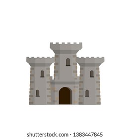 Stone castle with tower, wall and gate. red roof with flag. Medieval military house. European architecture. Old fortress. The reliability and safety of a knight and a king. Cartoon flat illustration