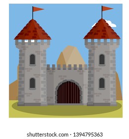 Stone castle with tower, wall and gate. red roof with flag and mountain. Medieval military house. European architecture. Old fortress. Safety of knight and king. Cartoon flat illustration.