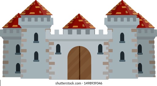 Stone castle with tower, wall and gate. red roof with flag. European architecture. Old fortress. reliability and safety of a knight and king. Cartoon flat illustration. Medieval military house