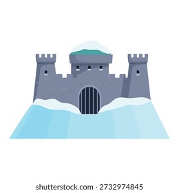 Stone castle with towers and gate, covered in snow, situated on a hill during winter, creating a picturesque scene
