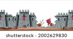 Stone castle vector wall seamless background, battlefield game illustration, medieval brick fortress ruin. Old citadel, wooden shield, broken spear, flag, ground. War concept, castle wall broken tower
