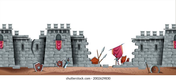 Stone castle vector wall seamless background, battlefield game illustration, medieval brick fortress ruin. Old citadel, wooden shield, broken spear, flag, ground. War concept, castle wall broken tower