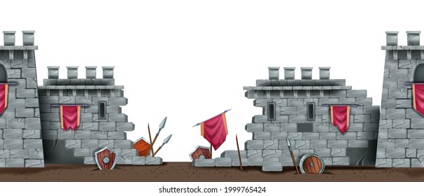 Stone castle wall, ancient ruin seamless background, vector medieval battlefield illustration, shield. Broken brick fortification tower, old standard, cracked spear. Fantasy citadel, castle ruin