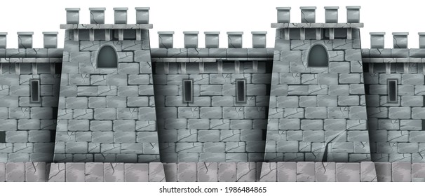 Stone castle wall background, vector seamless brick medieval tower texture, rock city fortification building. Gray kingdom fortress illustration, game design element. Stone wall, loophole, windows