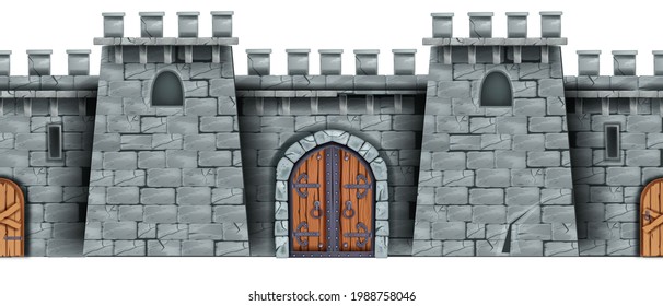Stone castle wall seamless background, medieval Greek tower game illustration, vintage wooden city gate. Gray fortress front view isolated on white. Citadel architecture stone wall vector texture