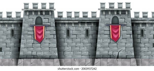 Stone castle wall seamless background, medieval city brick fortification tower, standard, loophole. Rock ancient building, fantasy game illustration, architecture exterior view. Solid castle wall