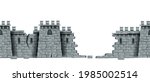 Stone castle wall, vector seamless medieval brick tower ruin background, isolated on white. Game fortification building, broken cracked fortress illustration. Castle wall fantasy historical wallpaper 