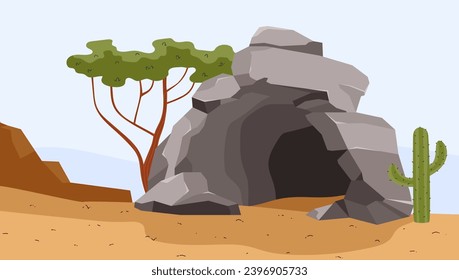 Stone cave in a desert. Vector illustration drawing in cartoon flat style. Entrance in rock. Old passage into cavern to dark underground depths. Located on the sand, next to a tree and a cactus.