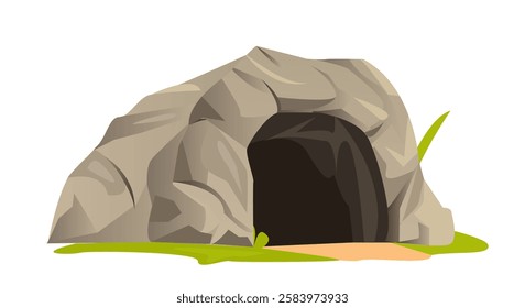 Stone cave entrance. Dark entrance to mountains. Deep underground mine. Hole in cliff. Natural landscape. Poster or banner. Flat vector illustration isolated on white background