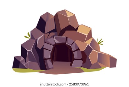 Stone cave entrance. Dark entrance to mountains. Ancient boulder. Dangerous exit. Ground natural landscape. Graphic element for website. Flat vector illustration isolated on white background