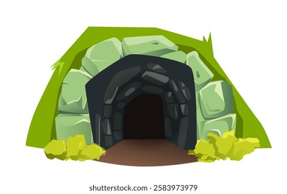 Stone cave entrance. Dark entrance to mountains. Deep underground mine. Hole in green rocky hill. Natural landscape. Template and layout. Flat vector illustration isolated on white background