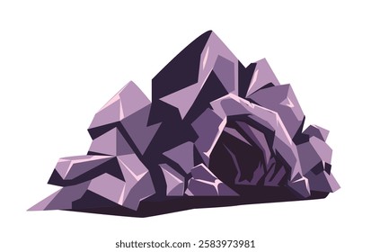 Stone cave entrance. Dark entrance to mountains. Deep underground mine. Hole in rocky hill. Dangerous exit. Ground landscape. Flat vector illustration isolated on white background