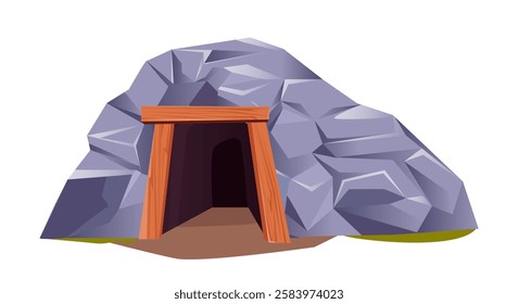 Stone cave entrance. Dark entrance to mountains. Deep underground mine. Hole in rocky hill. Natural landscape. Mystery place. Flat vector illustration isolated on white background