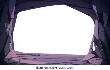 Stone cave entrance with empty white space inside. Vector template with cartoon stone frame. Illustration of stonewalls of tunnel in mountain, cavern or mine in rocks