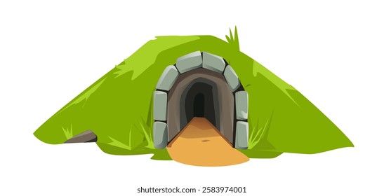 Stone cave entrance. Green and dark entrance to mountains. Old and rustic mine. Hole in cliff. Natural landscape. Poster or banner. Flat vector illustration isolated on white background