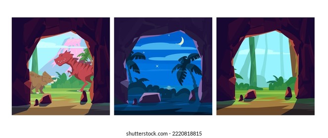 Stone cave entrance landscape with dinosaurs, sea and forest - flat vector illustration. Set of scenes of prehistoric times. Rocky grotto frame with view of tropical beach at night.