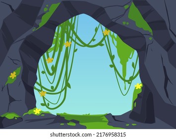 Stone cave entrance landscape with tropical and jungle plants, cartoon flat vector illustration. Abandoned stone cave with hanging lianas and moss.